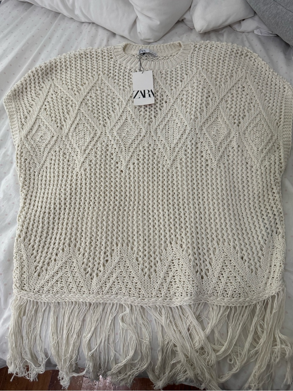 Zara Cream Knit Fringe Poncho Sweater